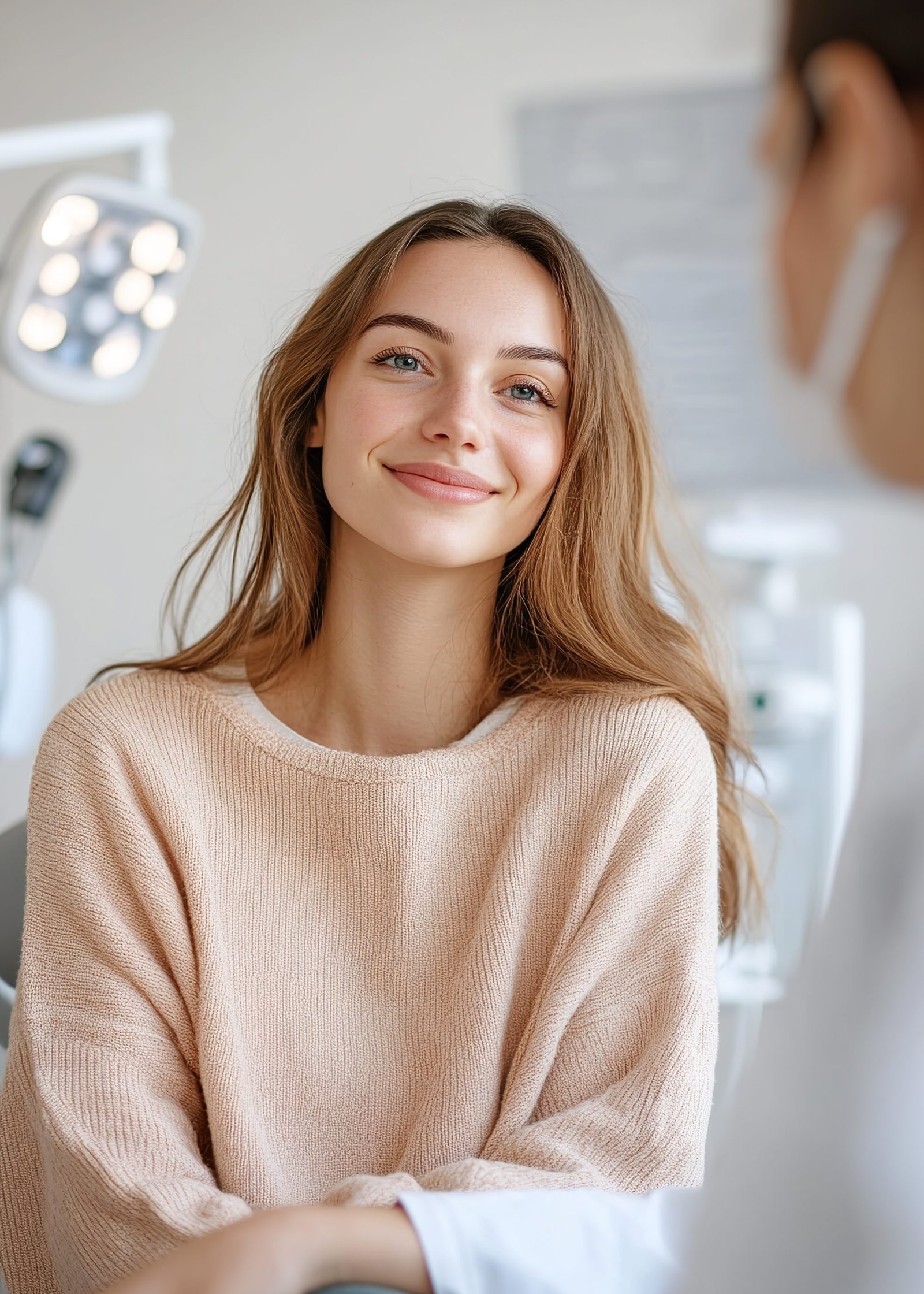 A relaxed young woman sits in a modern gynecology clinic, smiling at her doctor, who is partially visible. A calm and inviting atmosphere is present in the soft-focus background.