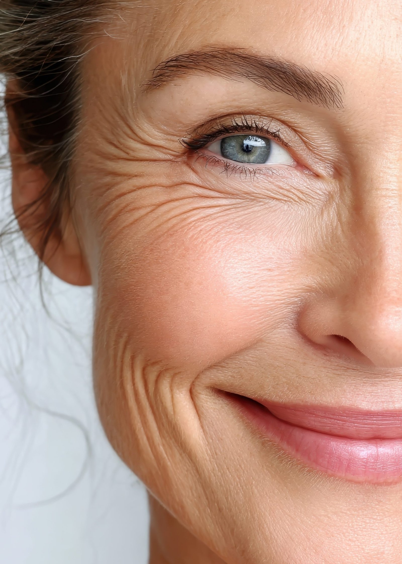 Half face of a smiling senior woman with wrinkles and aging skin, showing the natural beauty of aging and the effects of time on the face, promoting acceptance of the natural aging process