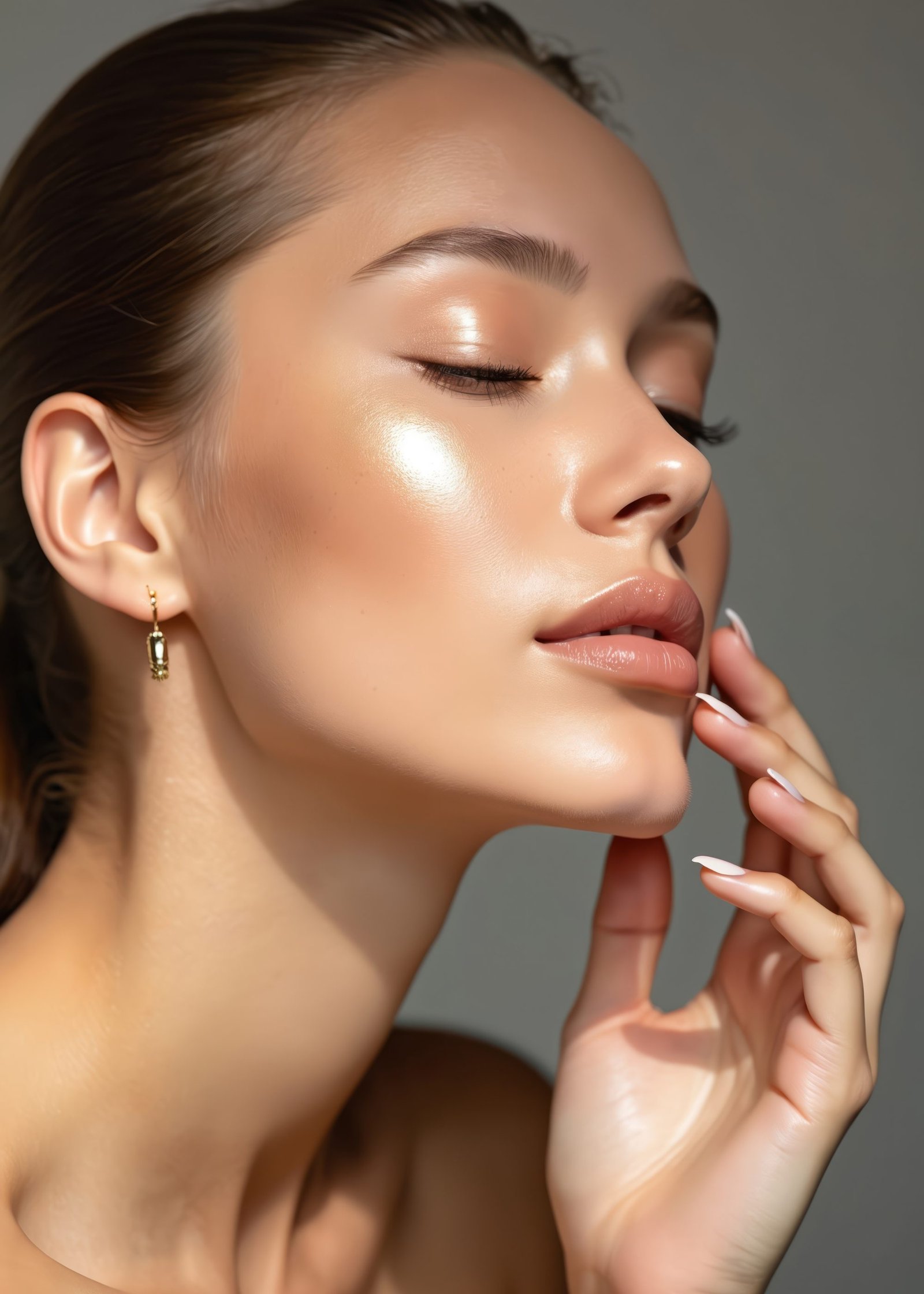 Close-up of woman with radiant skin. Perfect healthy complexion. Young female with natural makeup, lip gloss. Beauty concept, skincare cosmetics. Face care portrait.
